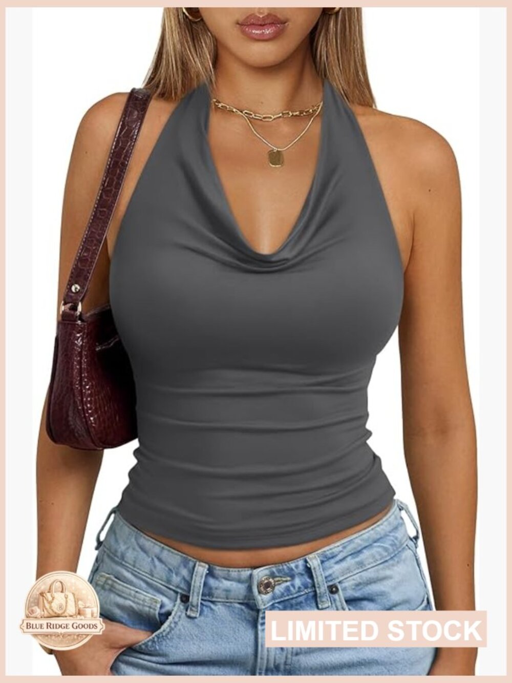 Sleeveless Halter Cowl Neck Backless Crop Top Y2K Going Out Summer Vacation - Picture 1 of 6